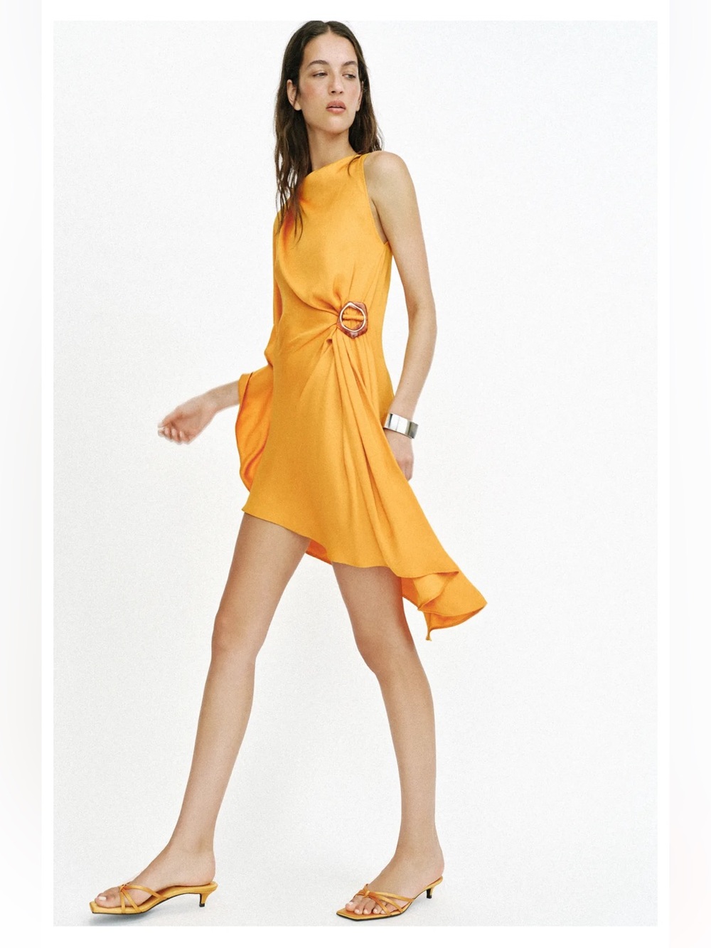 Zara Asymmetric Buckle Dress Curry Orange One Shoulder Satin XS